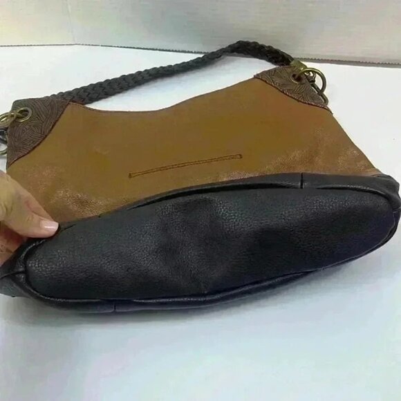 The Sak Leather Two Tone Shoulder Bag Braided Strap‎ Brass Hardware Purse - Picture 4 of 12